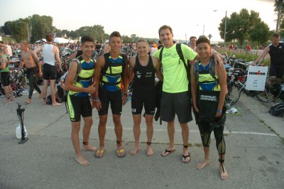 The V.A.D. boys pre race. Victor, Alonzo and David, three high school youth took on the challenge of competing in the Racine Ironman 70.3 for charity. They are racing to support substance abuse prevention and are raising money to support prevention efforts in their community including: teen mentor programs, youth empowerment and education programs and family strengthening programs. They were able to compete with huge support from the local tri club sTRIve. How good is triathlon!