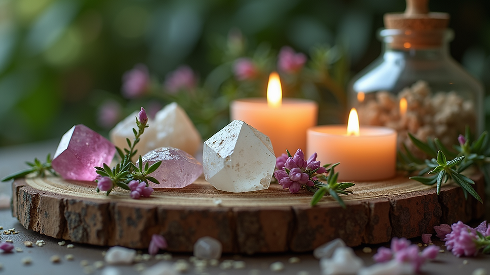 Close-up view of crystals and herbs for effective love spells