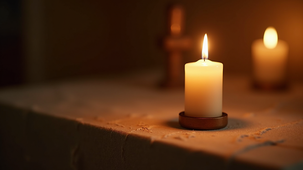 Close-up view of a lit candle on a serene altar