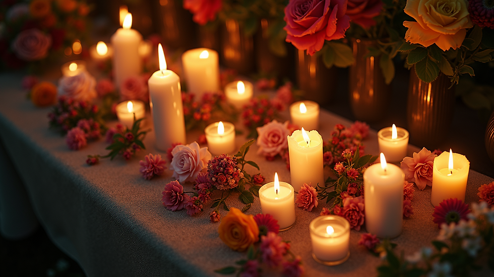 High angle view of a mystical altar adorned with candles and flowers