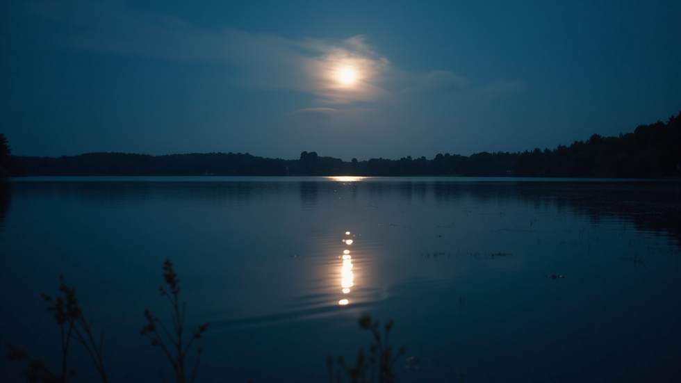 Moonlit lake scene with a bright moon reflecting on still water, surrounded by silhouettes of distant trees. A peaceful, serene mood.