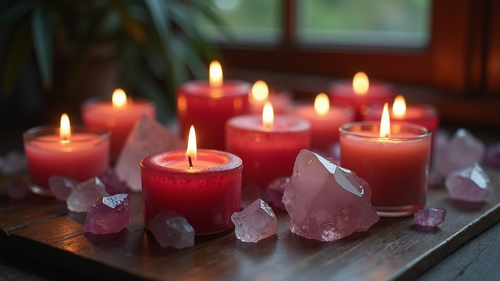 Eye-level view of candles and crystals for love spells