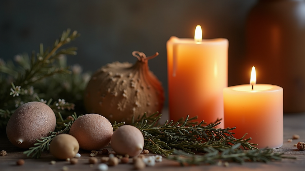Eye-level view of candles and herbs for romantic spell materials