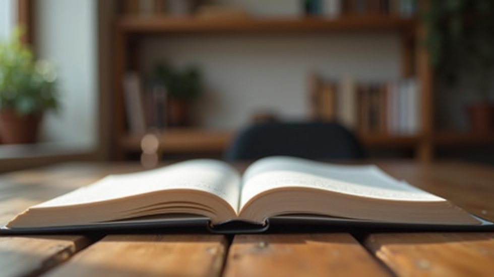 Eye-level view of an open journal resting on a wooden table