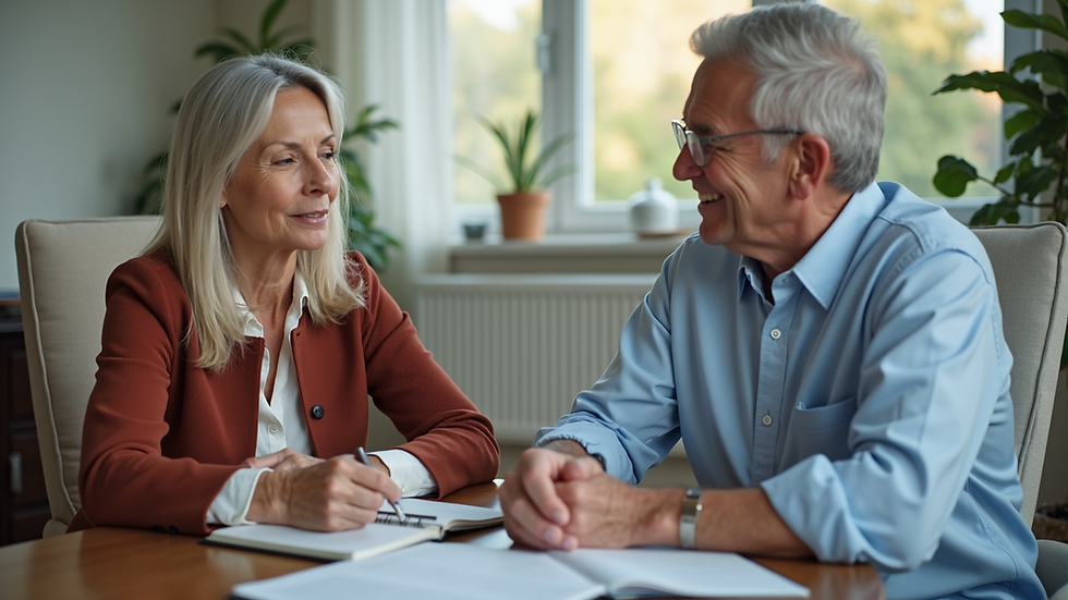 Eye-level view of a senior couple discussing Medicare options