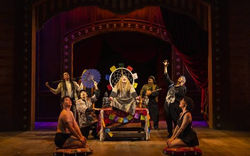 Cast members in a scene from BETWEEN TWO KNEES by The 1491s, directed by Eric Ting, Yale Repertory T