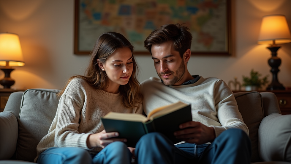 Eye-level view of a couple sitting together in a cozy living room, engaged in a devotional reading.