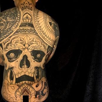 Full Back Skull In Progress By Binay, trational tattoo full back, ornamental tattoo for men full back, Black and Grey Tattoos, Best Tattoos, Nepal Tattoo, London Tattoo, Traditional Tattoo, Asian Oriental Tattoo, Full Back Tattoo, London Tattoo, Tattoo, tattoo design, nepal tattoo studio, best tattoo artist