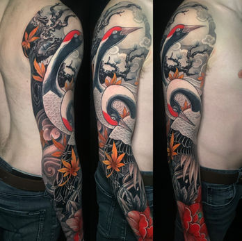 Crane japanese tattoo, colourful sleeve, 