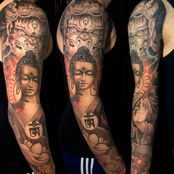 buddha and bhairab tattoo sleeve done by Binay gurung, bnay tattoo, Black and Grey Tattoos, Best Tattoos, Nepal Tattoo, London Tattoo, Traditional Tattoo, Asian Oriental Tattoo, Full Back Tattoo, London Tattoo, Tattoo, tattoo design, nepal tattoo studio, best tattoo artist, tattoo studio nearby by, tattoo studio in thermal, tattoo studio in harrow
