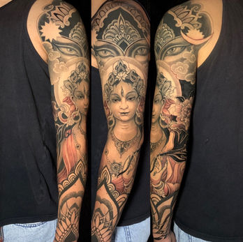 Tara buddha goddess tattoo by binay gurung, full sleeve, traiditional tattoo, asian oriental tattoo, Black and Grey Tattoos, Best Tattoos, Nepal Tattoo, London Tattoo, Traditional Tattoo, Asian Oriental Tattoo, Full Back Tattoo, London Tattoo, Tattoo, tattoo design, nepal tattoo studio, best tattoo artis