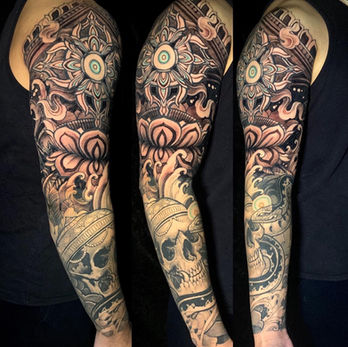 Bhajra Tattoo with Skull and Snake By Binay, religious tattoo, Buddhism tattoo, kapala skull tattoo, lotus flower tattoo