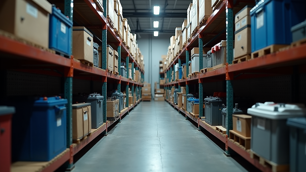 Eye-level view of organized battery storage shelves in a garage