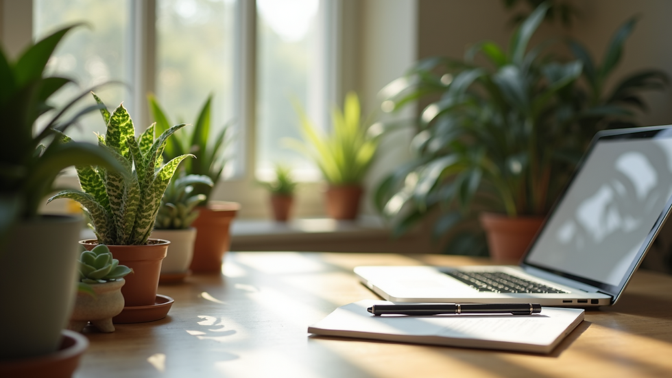 Close-up view of a serene workspace with plants and natural light