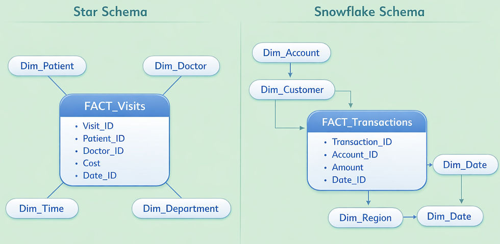 Star: simple and easy to understand, used if the dataset is small or medium Snowflake: More complex, used in large datasets.