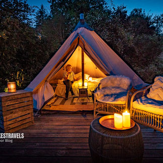 Hygges Glamping Tent Villa Skovly Denmark Accommodation Evening Candles Outdoor