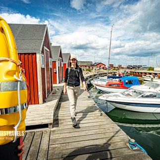 Lundeborg Hafen Wanderin Boote bunte Häuser