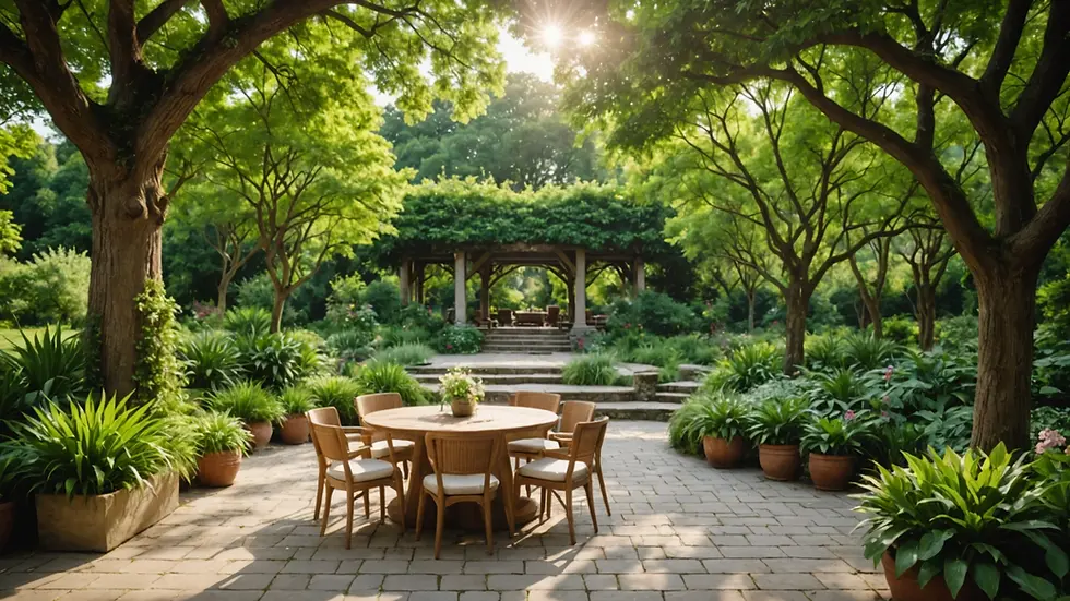 Eye-level view of a serene gathering space surrounded by lush greenery