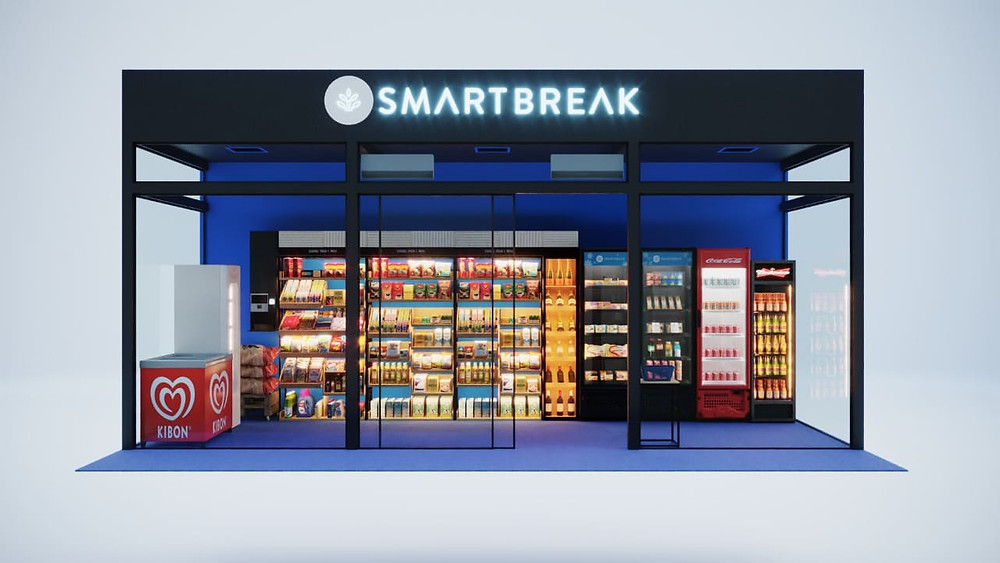 Projeto 3D de minimercado Smart Break. Sala estilo capsula de vidro com fachada com o logo da Smart Break em neon.