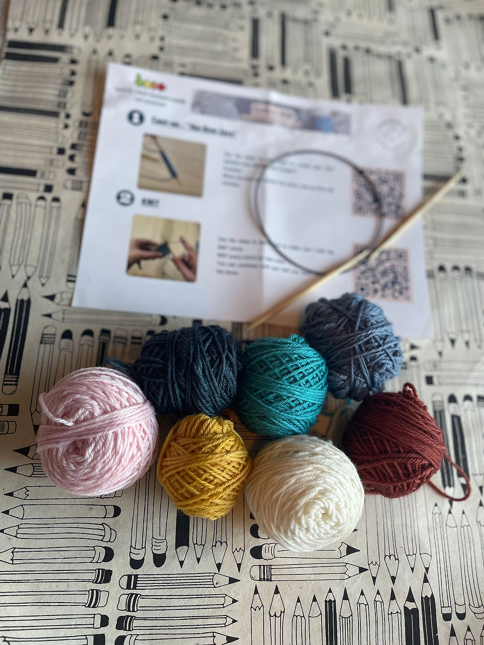 Brooknit Bonneterie Discovery kit content: needles, yarn, instructions