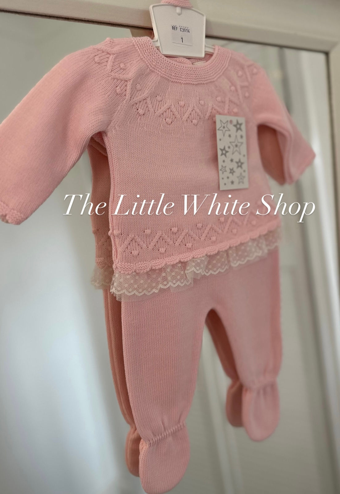 Pink Knitted Two Piece Outfit With Frill & Bonnet