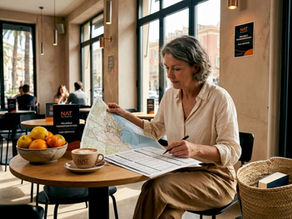 Woman planning French Riviera day trips in sunny apartment