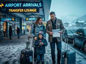 Family with luggage and skis at airport transfer minivan