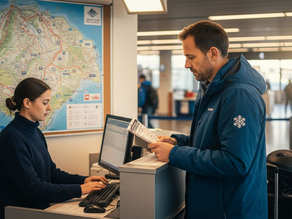 Traveler booking ski transfer desk Geneva Airport