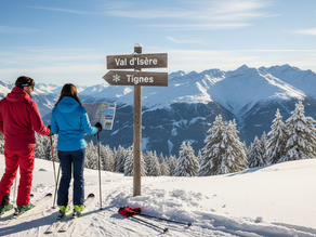 Skiers between Val d’Isère and Tignes on snowy trail