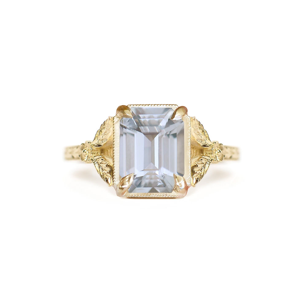 Thumbnail: Light Grey Green Sapphire Split Shank Solitaires w/leaves