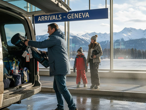 Family loading ski bags at Geneva airport