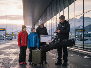 Family arriving for ski transfer at Geneva airport