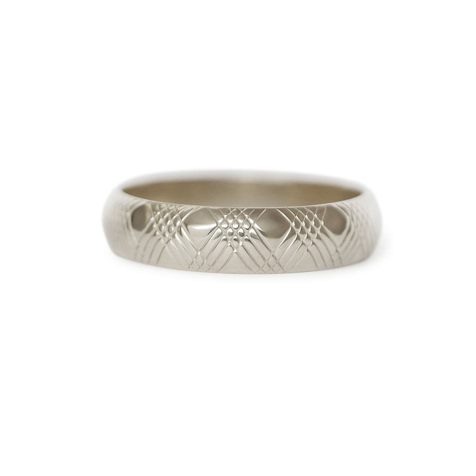 Thumbnail: A 5mm wide white gold band with criss-cross details.