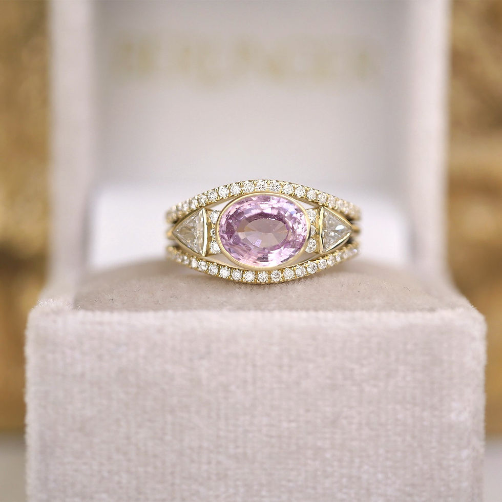 Thumbnail: Custom Oval Pink Sapphire & Trillion Diamond Stacking Ring Set