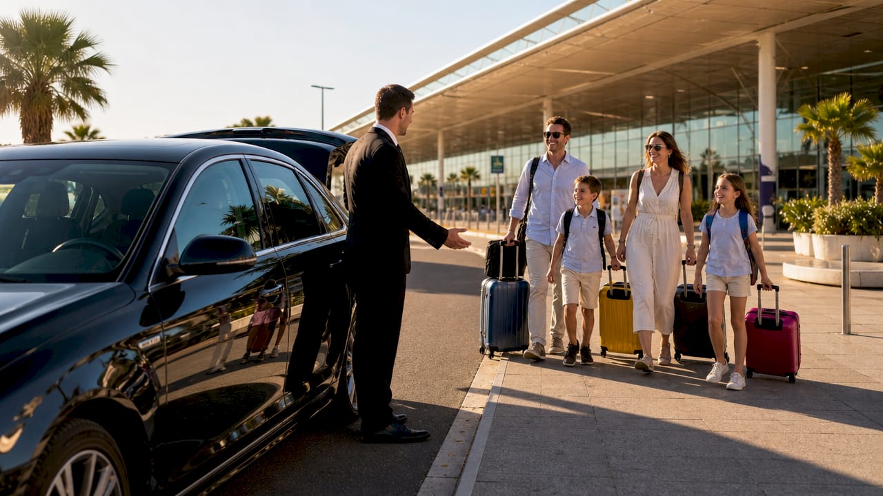 Chauffeur opening car door for family at Nice Airport
