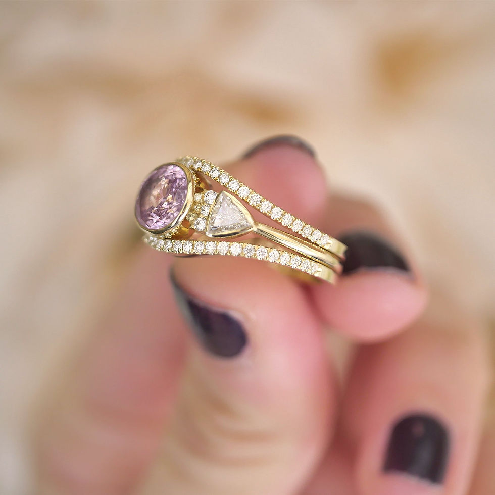 Thumbnail: Custom Oval Pink Sapphire & Trillion Diamond Stacking Ring Set