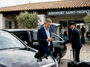 Man arriving at Saint-Tropez airport by sedan