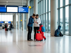 Family navigating Geneva airport for ski transfer