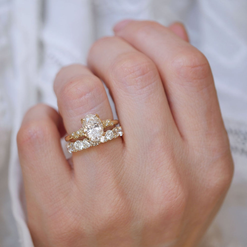 Thumbnail: Nature inspired oval engagement ring with confetti diamond mosaic wedding band.