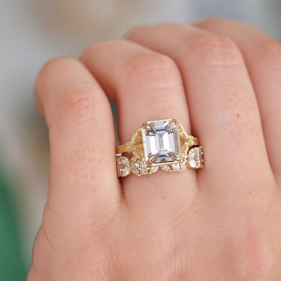 Thumbnail: Light Grey Green Sapphire Split Shank Solitaires w/leaves
