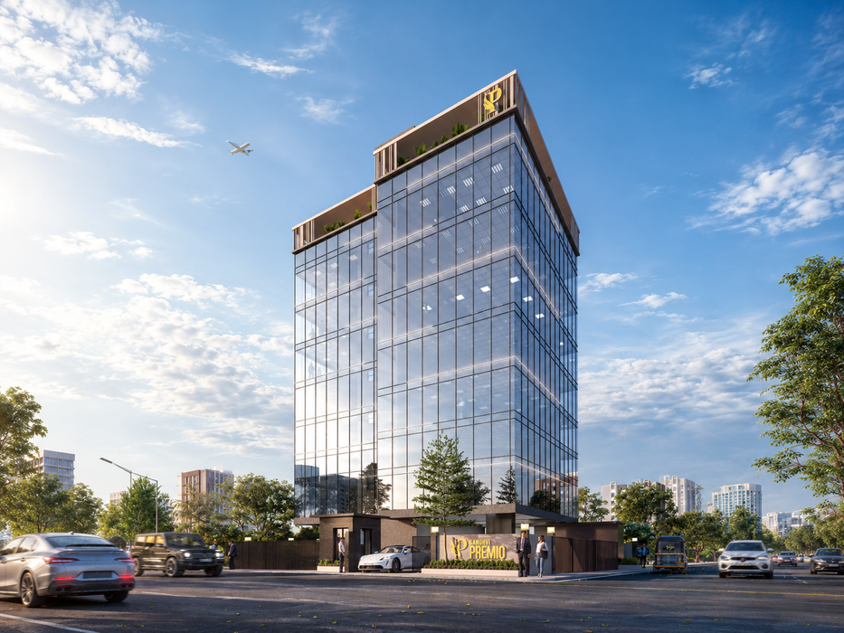 Sanghvi Premio modern commercial building featuring a glass facade, contemporary architecture and landscaped entrance.