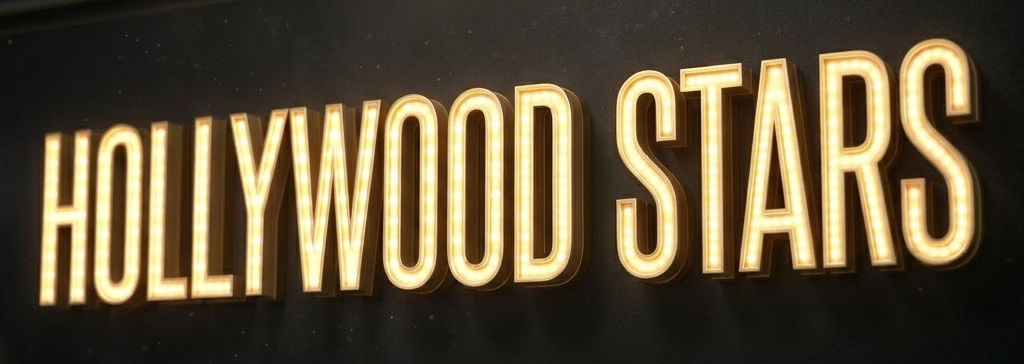 Luxurious illuminated LED sign spelling out HOLLYWOOD STARS, glowing with golden light on a premium background, representing elite VIP talent acquisition for global media through SendModels.