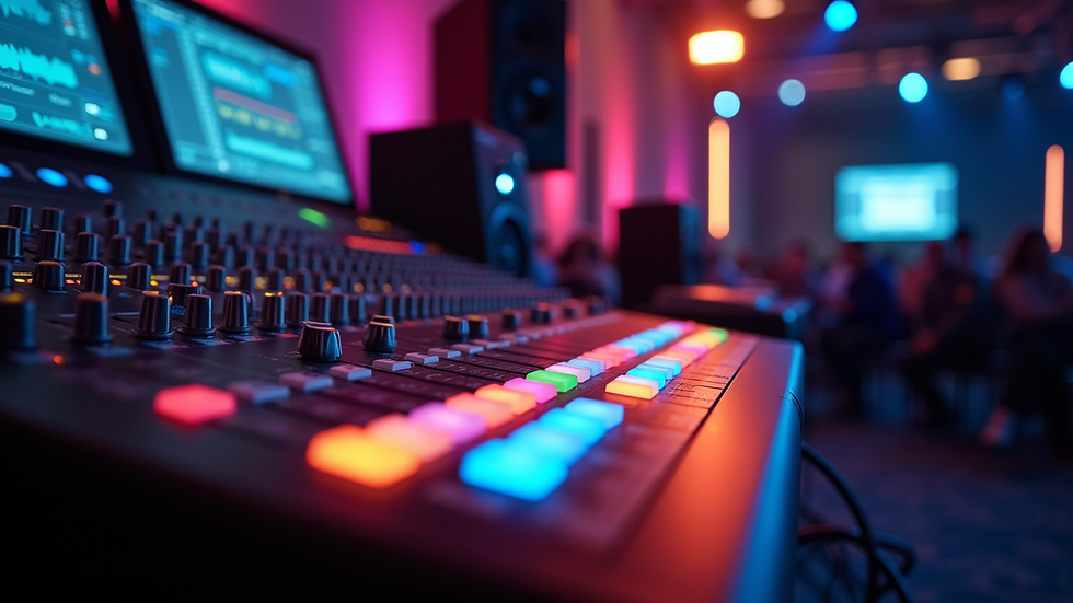 Eye-level view of professional audio mixing console in event setup