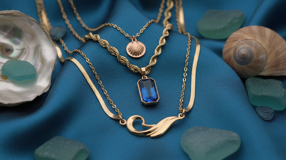 Close-up view of layered gold necklaces with small pendants