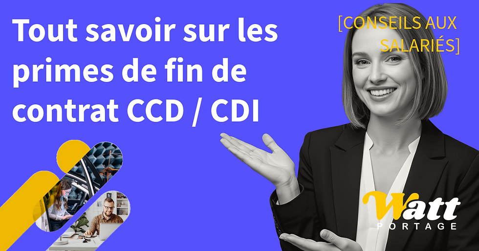 Femme souriante en costume présentant un visuel sur les primes de fin de contrat CDD/CDI – Watt Portage