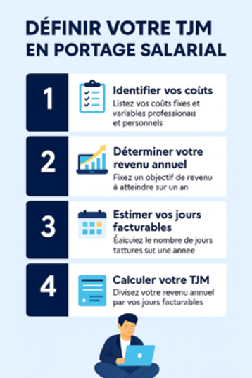 Infographie étapes pour calculer son TJM en portage salarial : estimer ses coûts, revenu cible, jours facturables, division finale