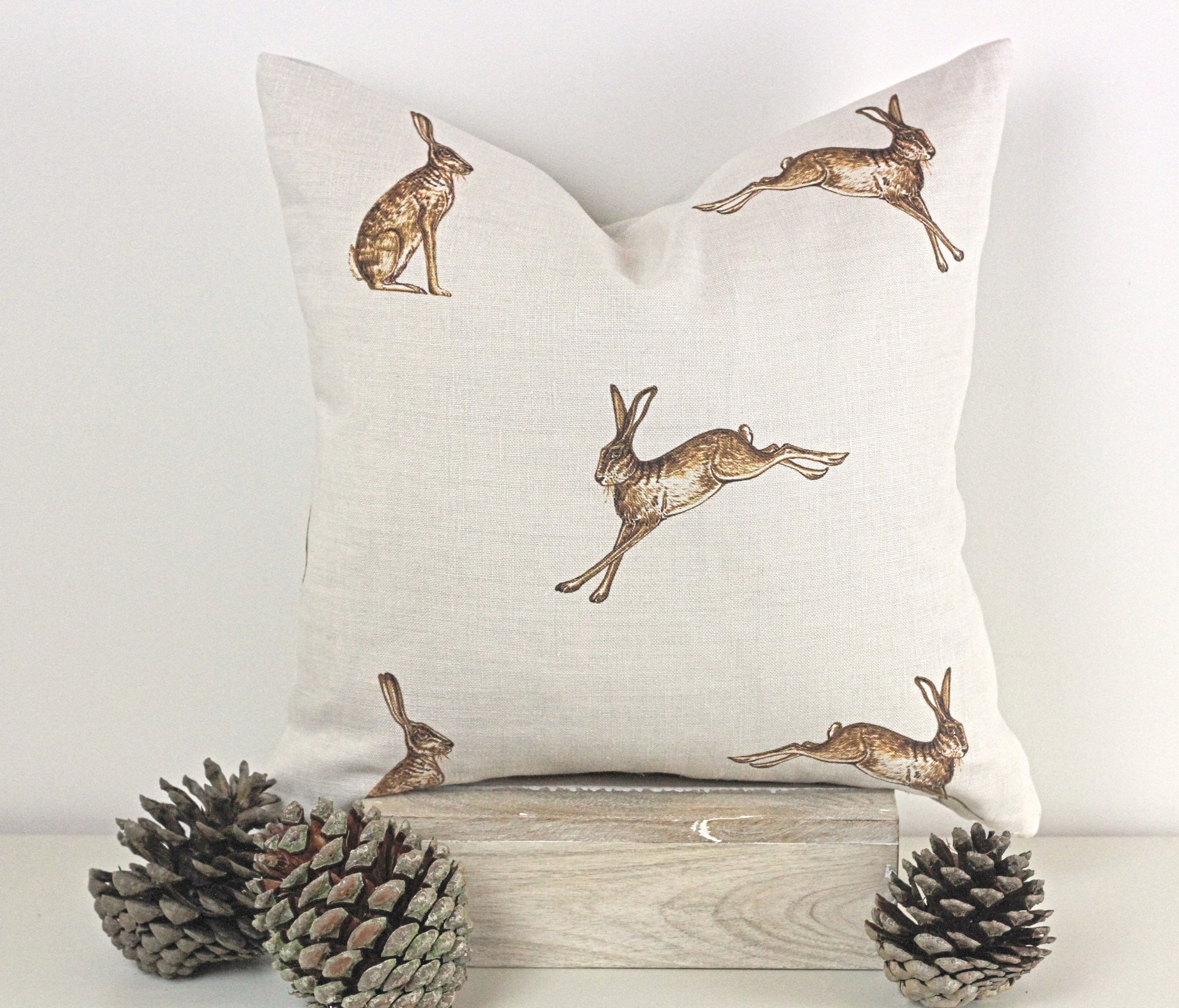 Peony & Sage French Hares Linen Square Cushion Cover