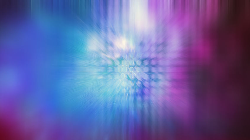 A vibrant abstract background with a central focus on glowing binary code The colorful mot