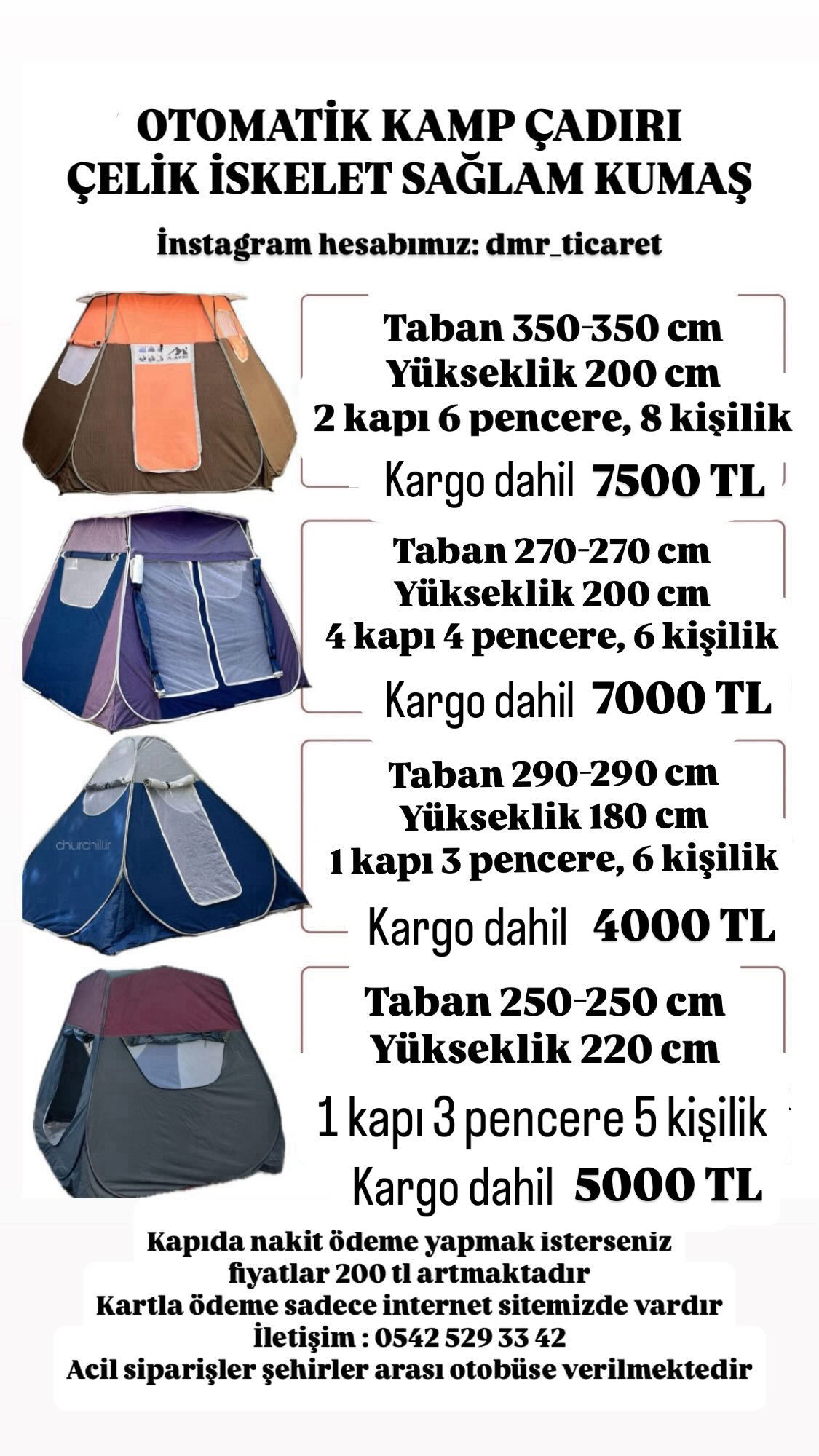 Çadır şişme yatak yastık pompa set  (7000 tl lik çadır)