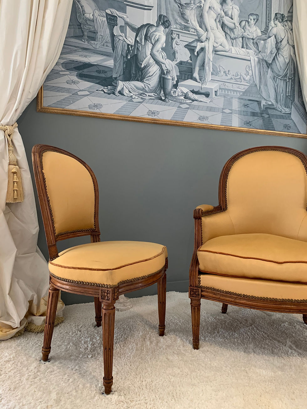 Thumbnail: J. B. BOULARD: Set of 2 chairs and a bergere stamped J.B. Boulard, period